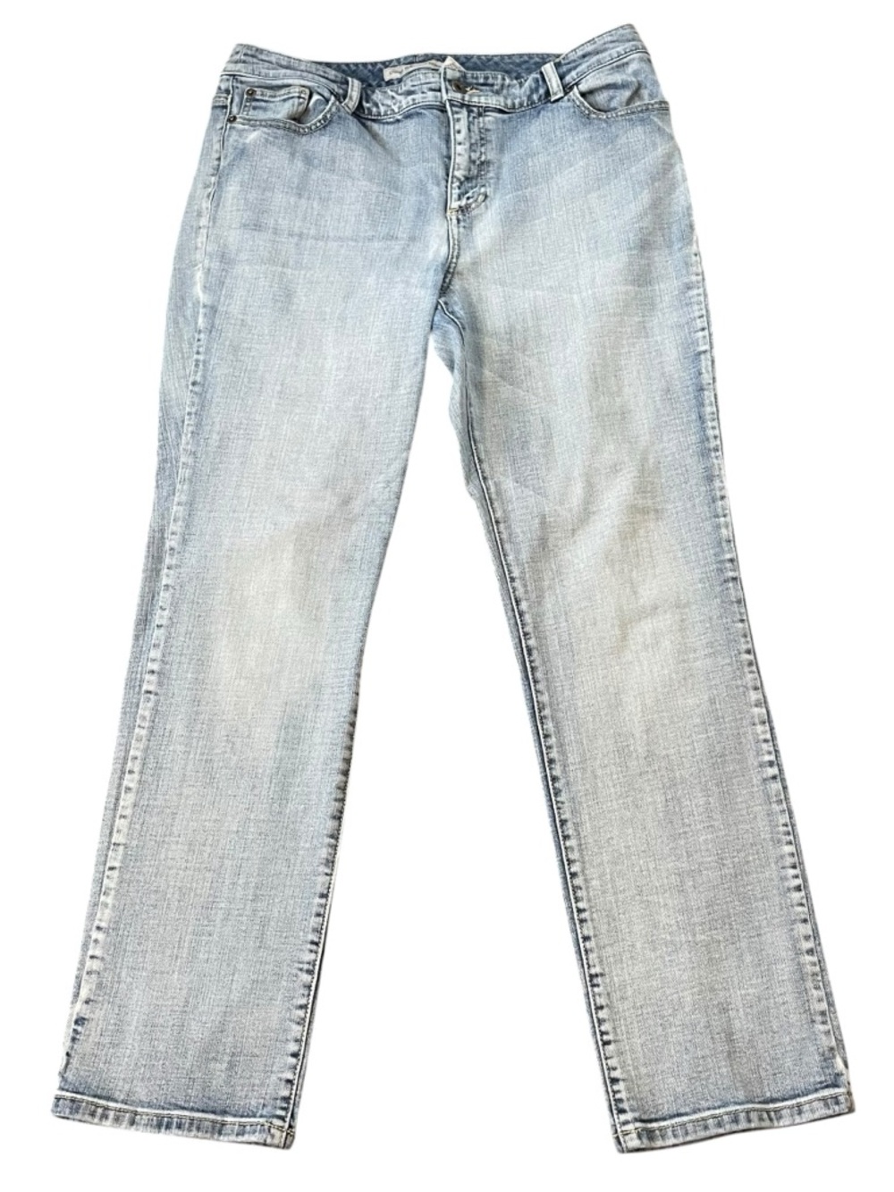 Chico’s Platinum Denim Light Wash Straight Leg.  Size 12